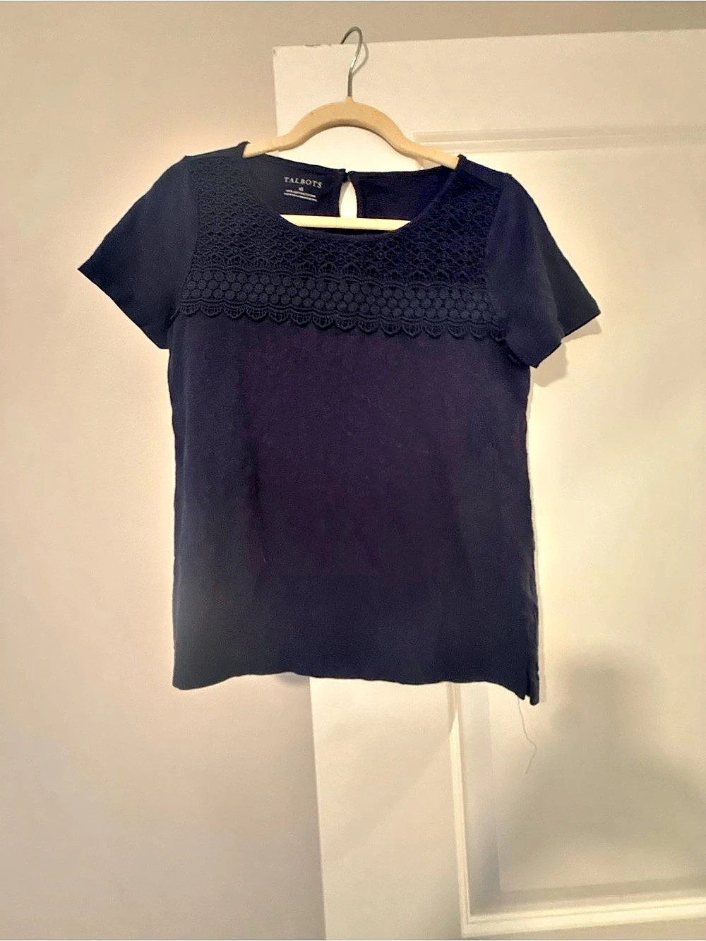 Talbots Lace Yoke Tee Black Short Sleeve Top Size XS